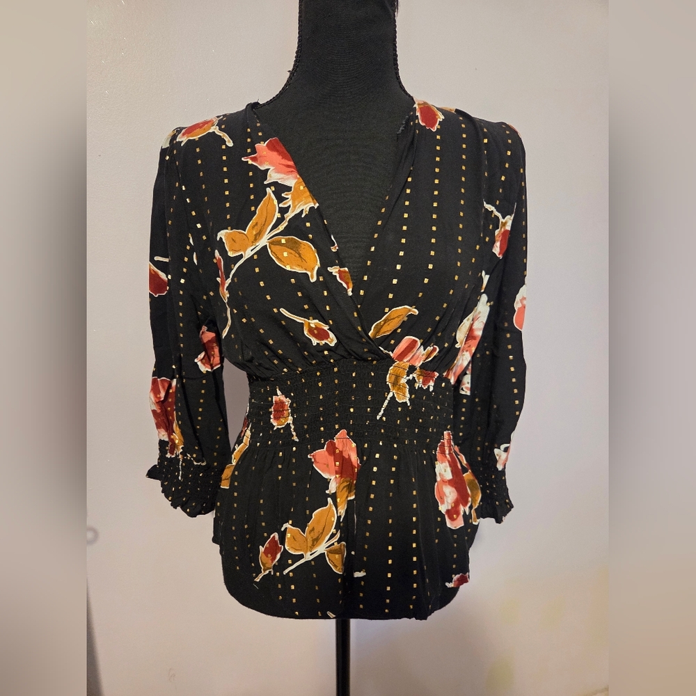 Harve Benard Black Floral Blouse with Colorful Accents